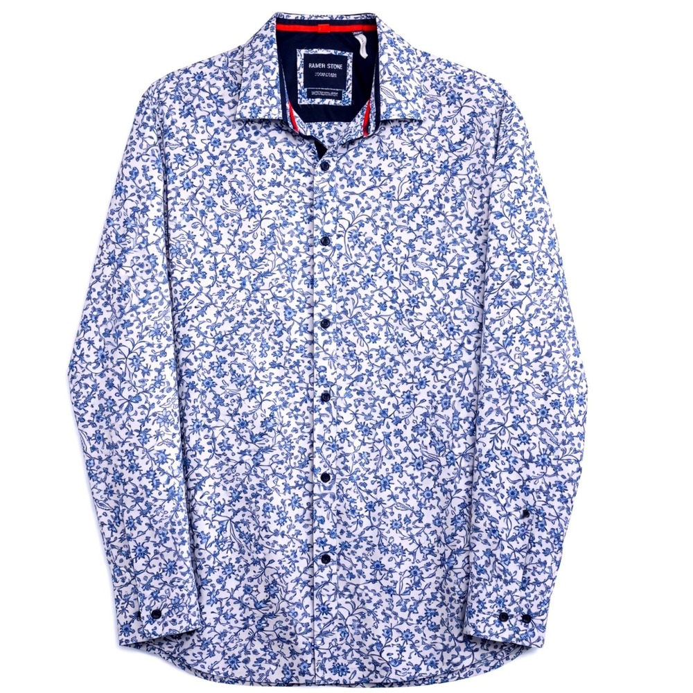 Silver Stone Collection Men's Shirt XL Blue Floral Modern Fit Button Down